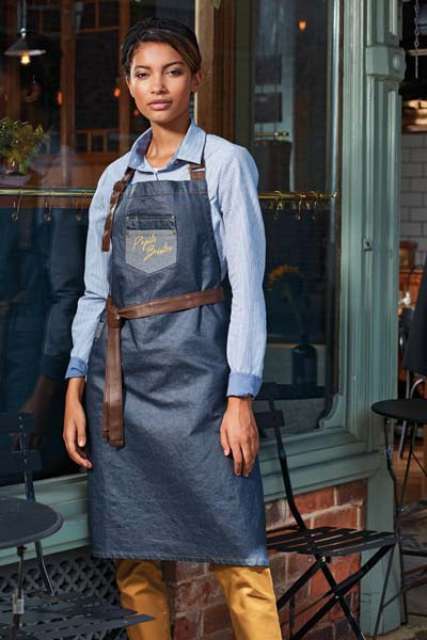 'DIVISION' WAXED LOOK DENIM BIB APRON WITH FAUX LEATHER
